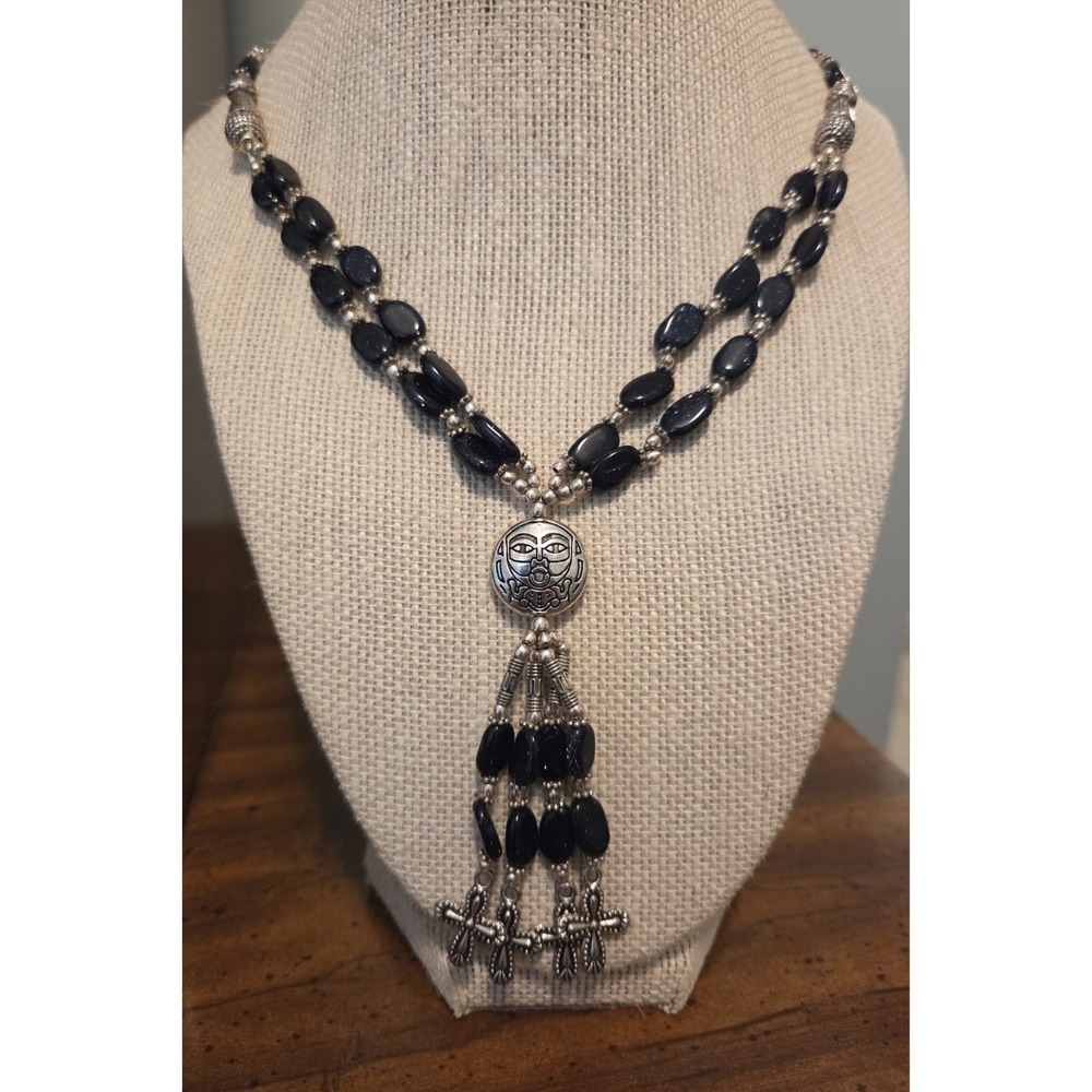 Rare Sterling Silver & Goldstone Mayan Rosary Type Necklace‎ - Heavy 20-21.5"